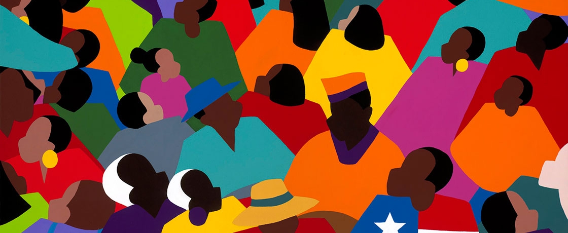 Abstract people wearing brightly colored clothing