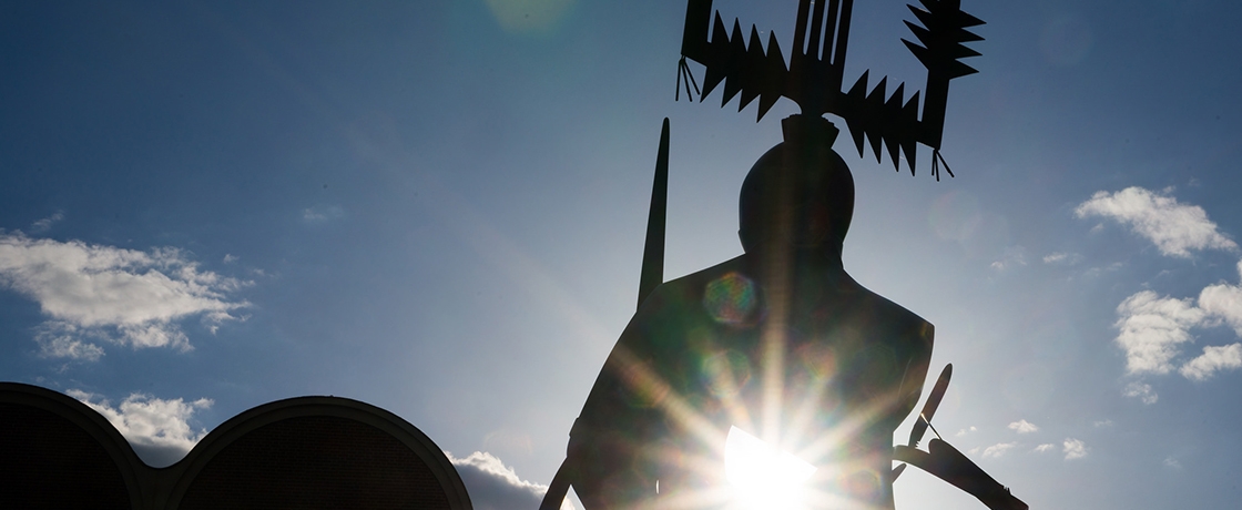 A backlit shape wearing a headdress