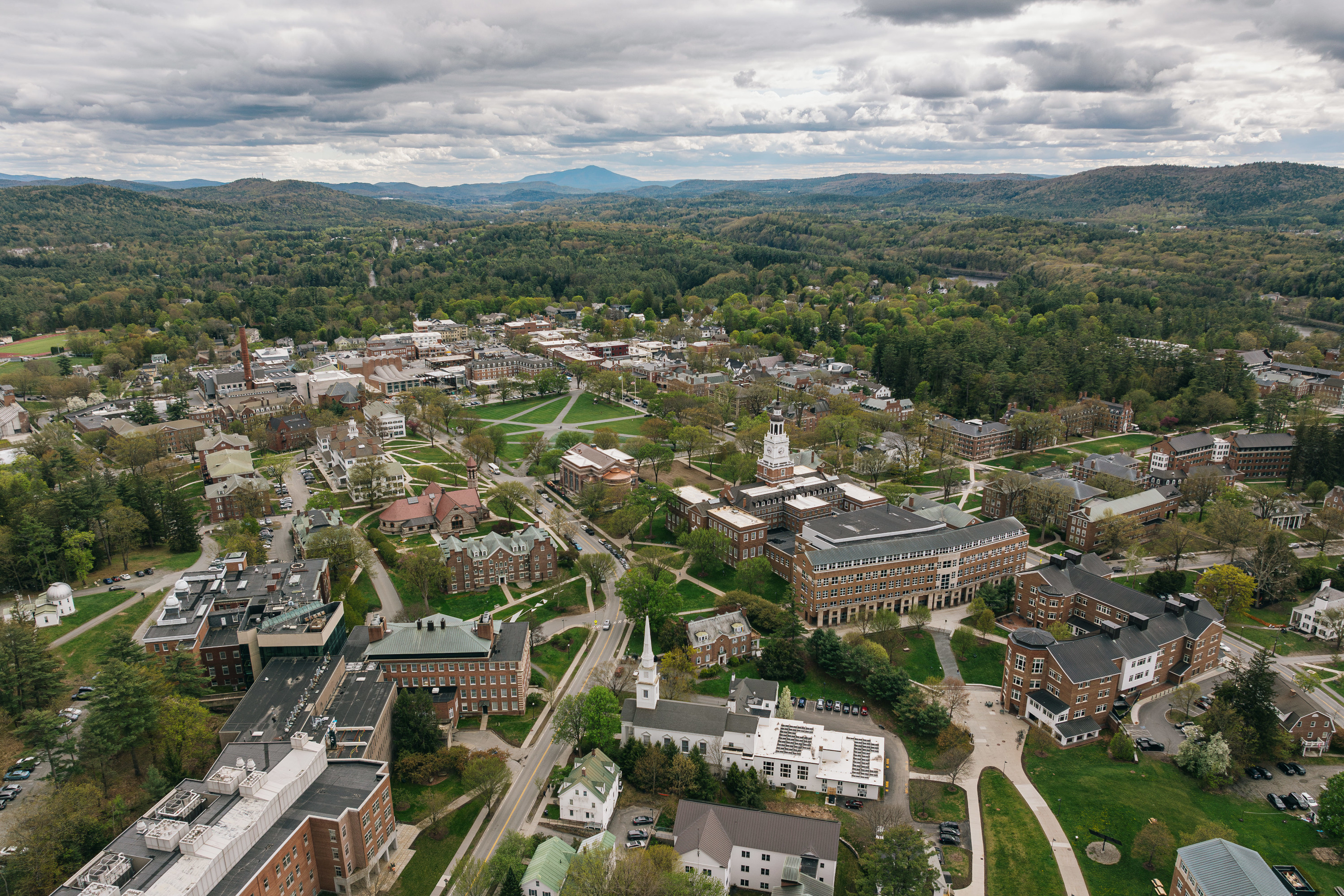 Aerial of Dartmouth campus during spring