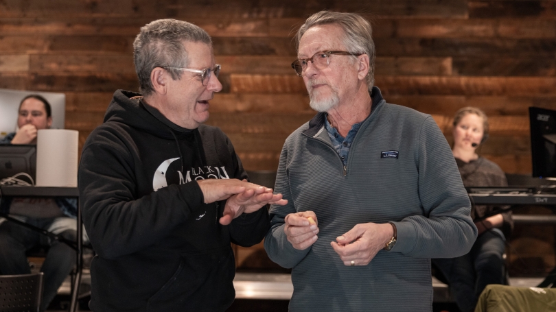 Michael Ganio and Jamie Horton at a rehearsal for The School for Lies