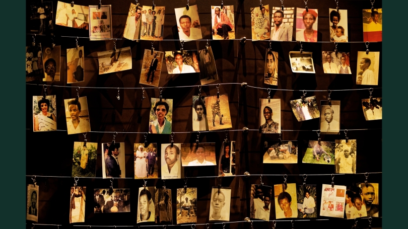 Family photos of some of those who died hang on display in an exhibition at the Kigali Genocide Memorial centre in the Rwandan capital, Kigali