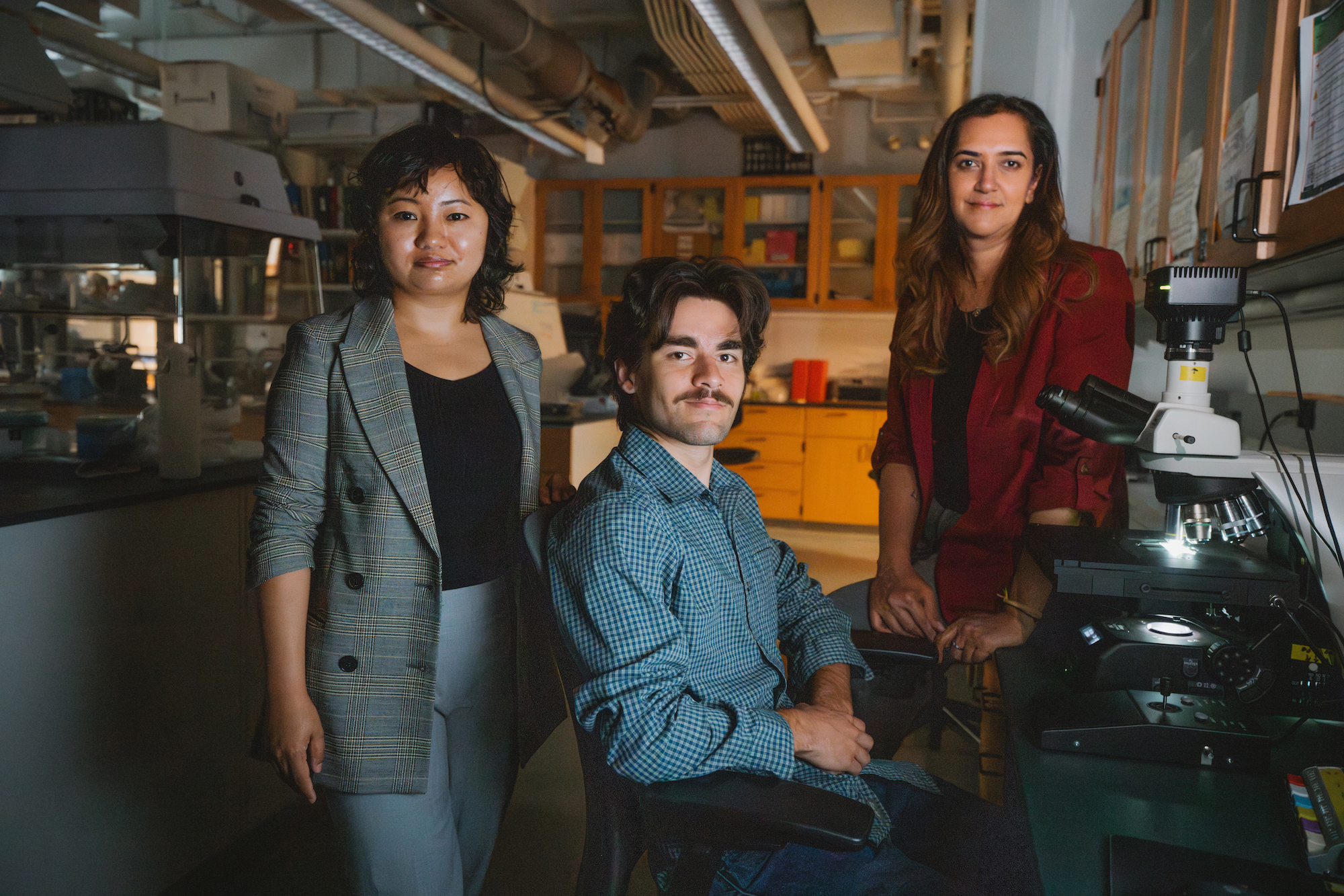 Postdoctoral fellow Smriti Pehim Limbu, Liam Nokes ’25, and professor Bala Chaudhary (Photos by Robert Gill)