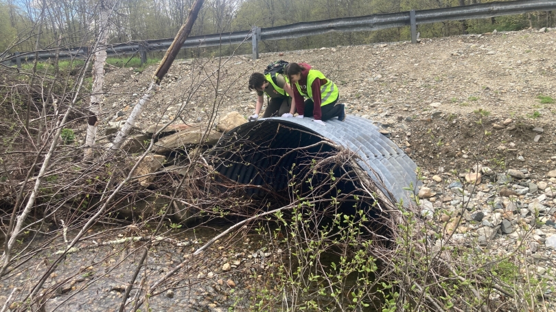 Students standing on culvert.