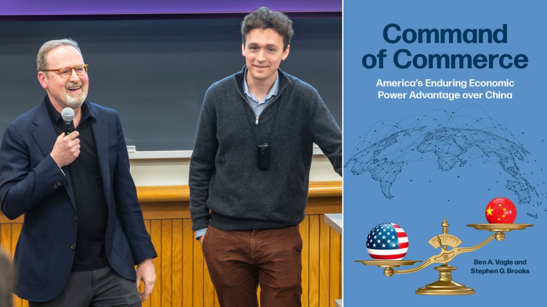 Professor Stephen Brooks and Ben Vagle '22 alongside a cover of their book