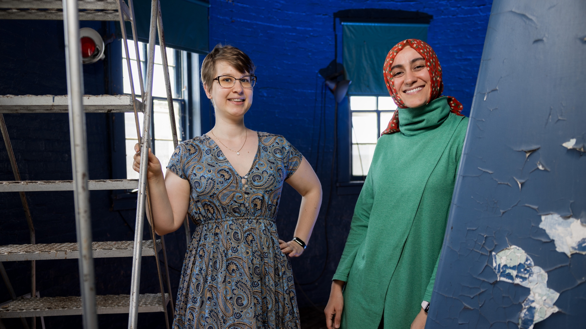 Research associate Laura Hunter and professor Burçin Mutlu-Pakdil in the equatorial room of Dartmouth’s Shattuck Observatory