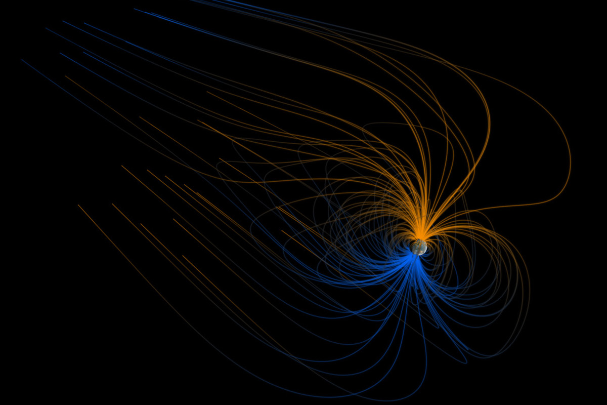  A scientific visualization of the magnetic field lines that make up Earth's magnetosphere. Interactions with particles emanating from the Sun squish the magnetic field on the Sun-facing side and elongate it on the dark side into a magnetotail.