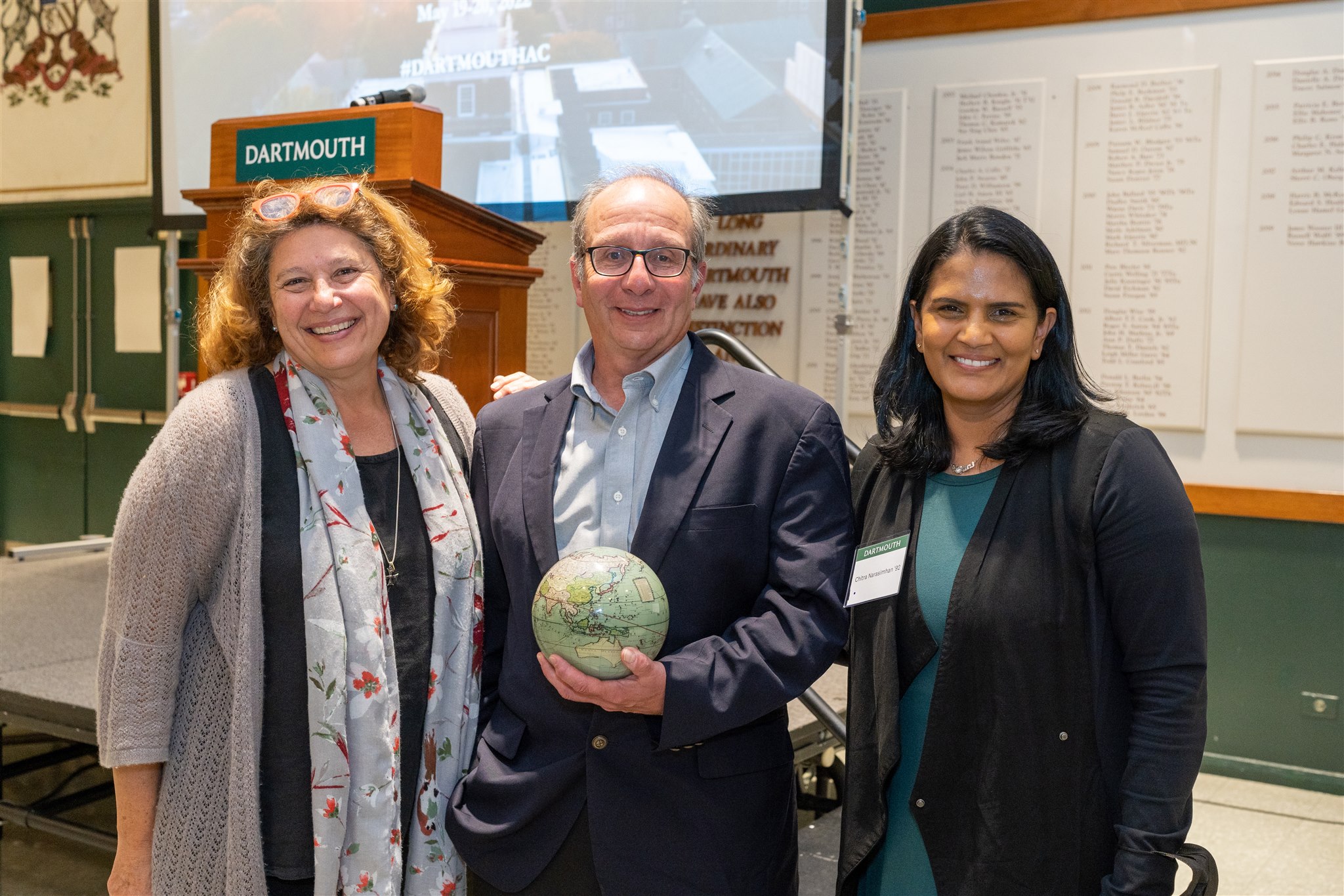 Helene Rassias-Miles '78a GR'08, 2020 Award Recipient Michael Mastanduno, and Alumni Council President-elect and chair of the Lifelong Learning Committee Chitra Narasimhan '92.