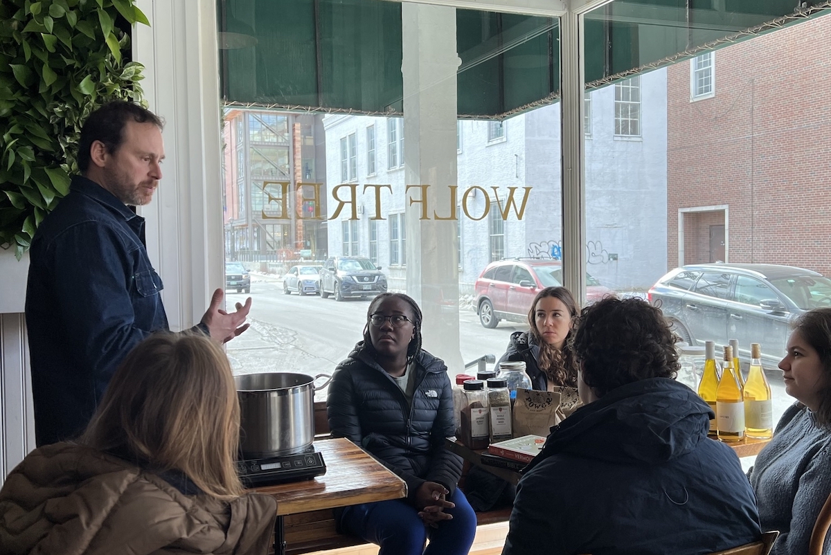 Max Overstrom-Coleman, owner of Wolf Tree, discusses recipes from early modern cookbooks with students in Danielle Callegari's 2023 class on Italian Renaissance literature and food.