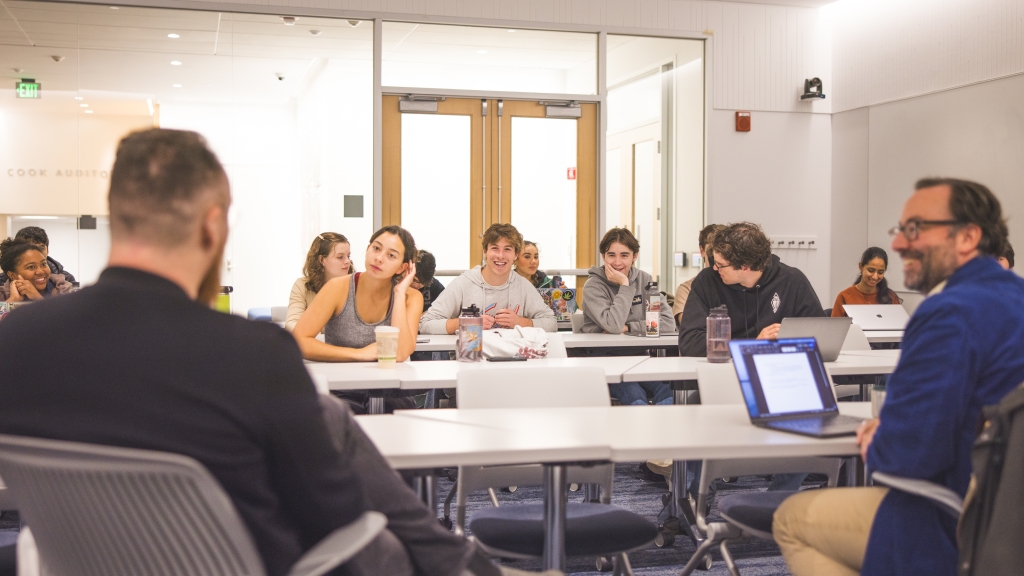 Jed Dobson and Leif Weatherby speaking to students