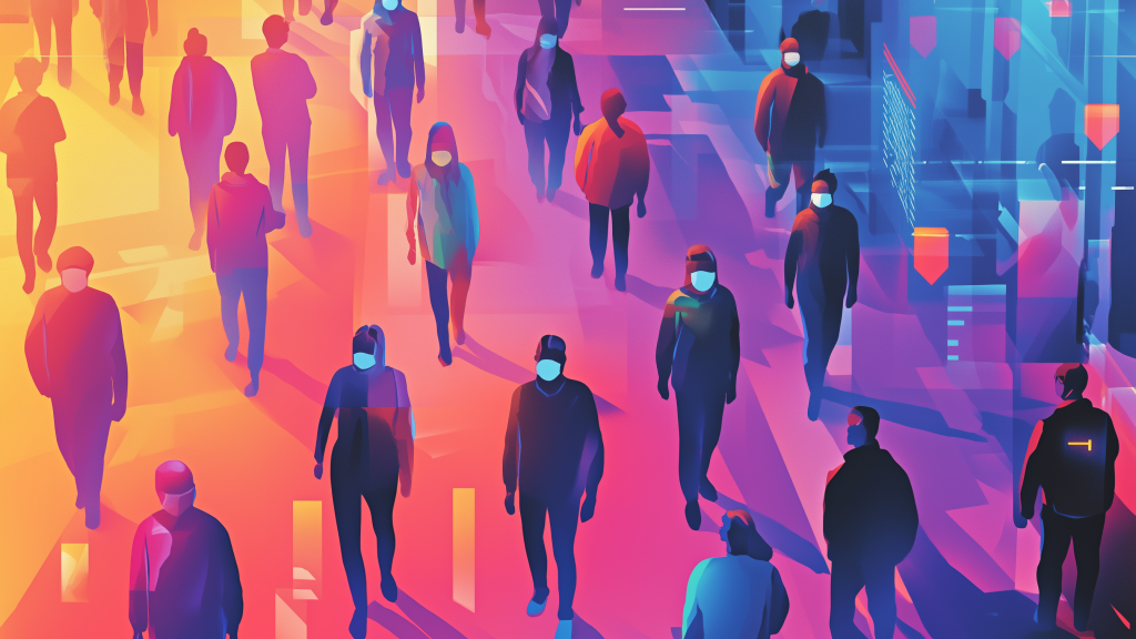 People walking wearing masks and distancing
