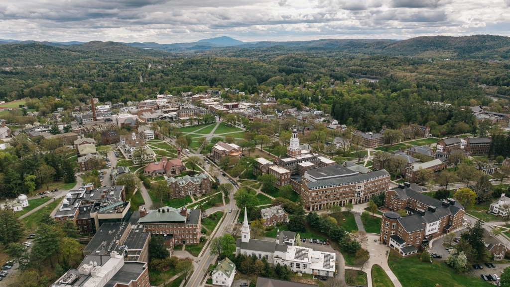 Aerial of Dartmouth campus during spring