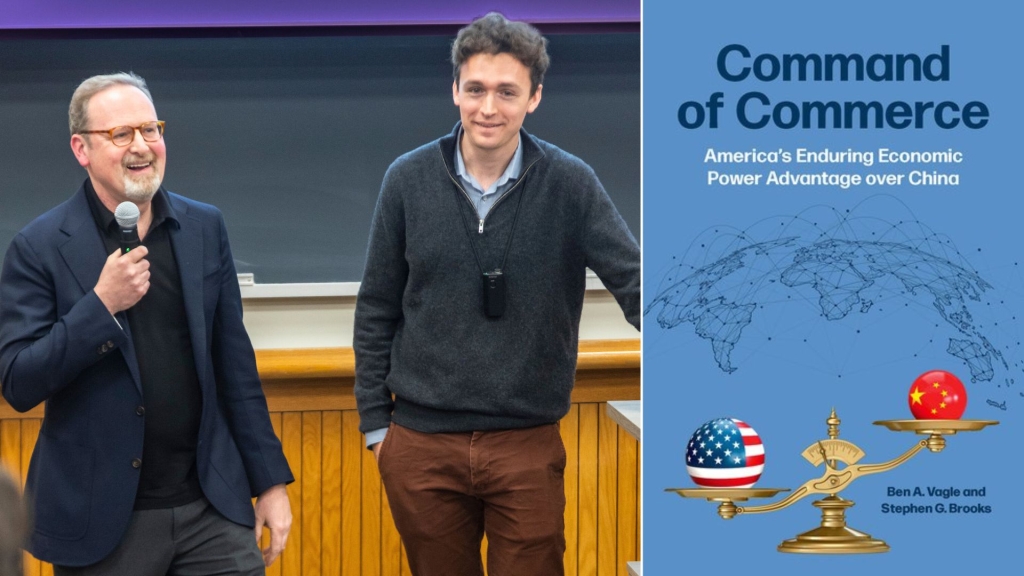 Professor Stephen Brooks and Ben Vagle '22 alongside a cover of their book