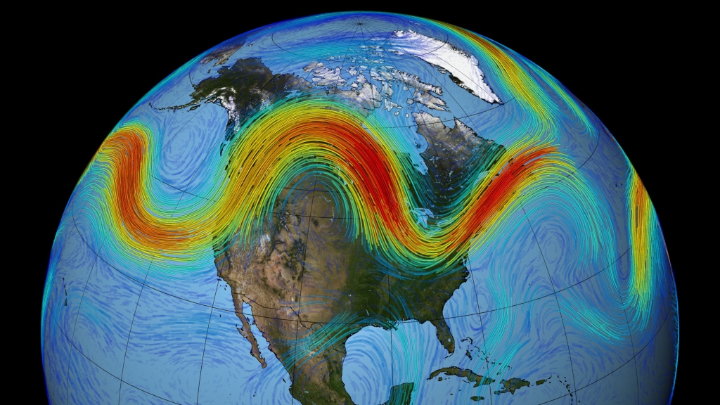 Graphic of Earth/a globe with a red and green wavy across America